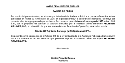 AVISO DE AUDIENCIA PÚBLICA - CAMBIO DE FECHA